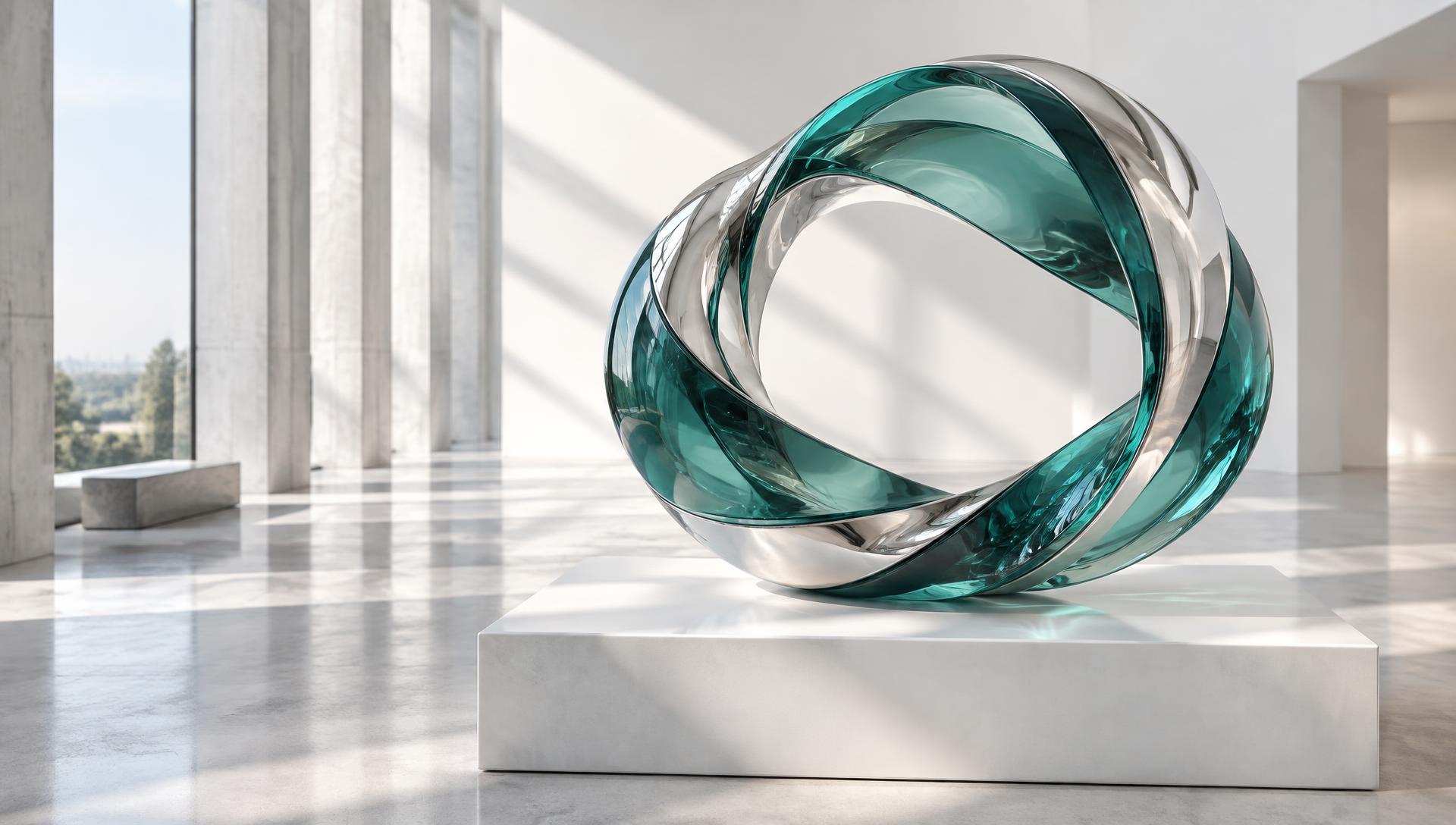 Connected loop sculpted from polished chrome and translucent teal glass