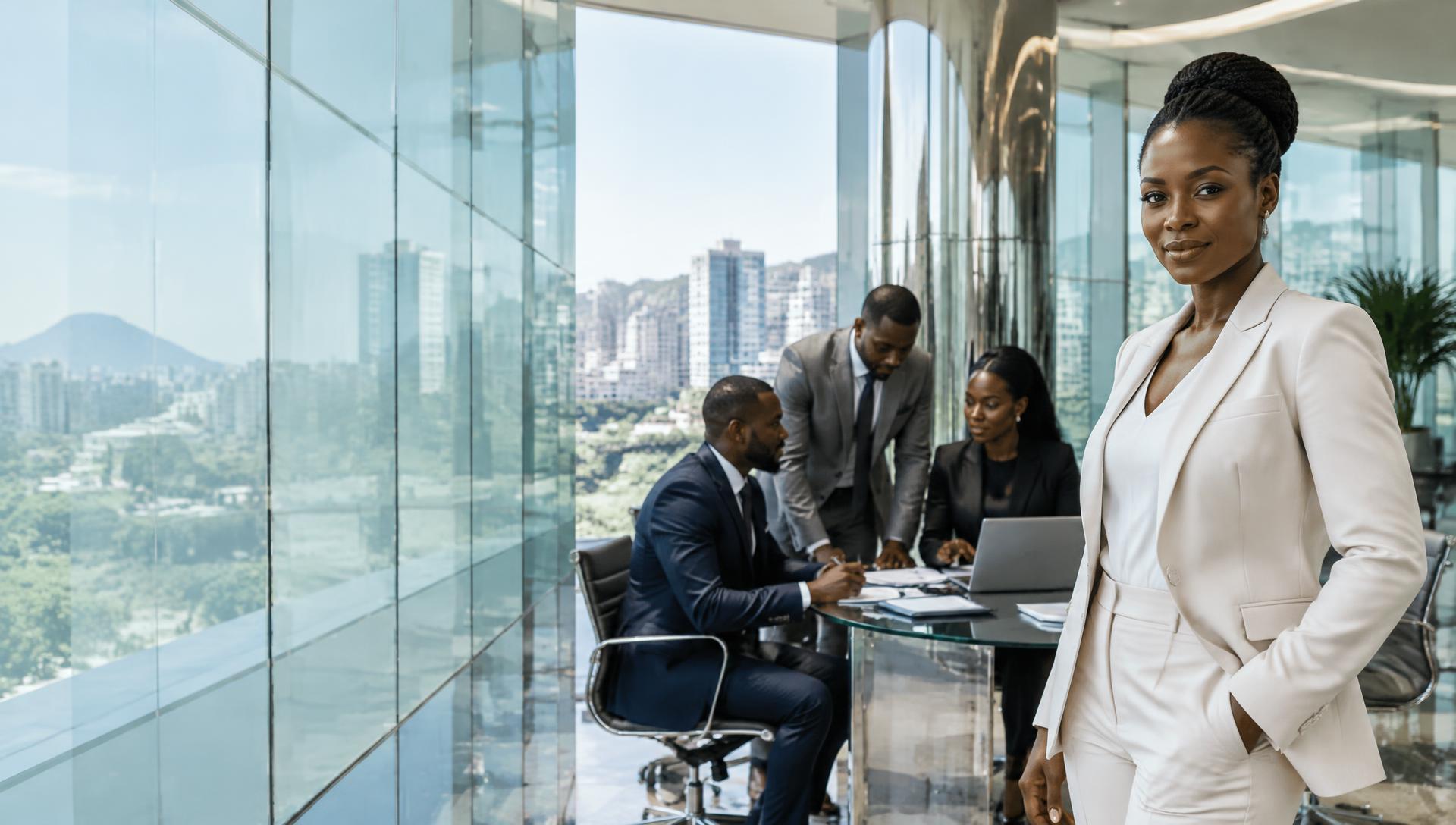 African professionals collaborating in a bright modern workplace